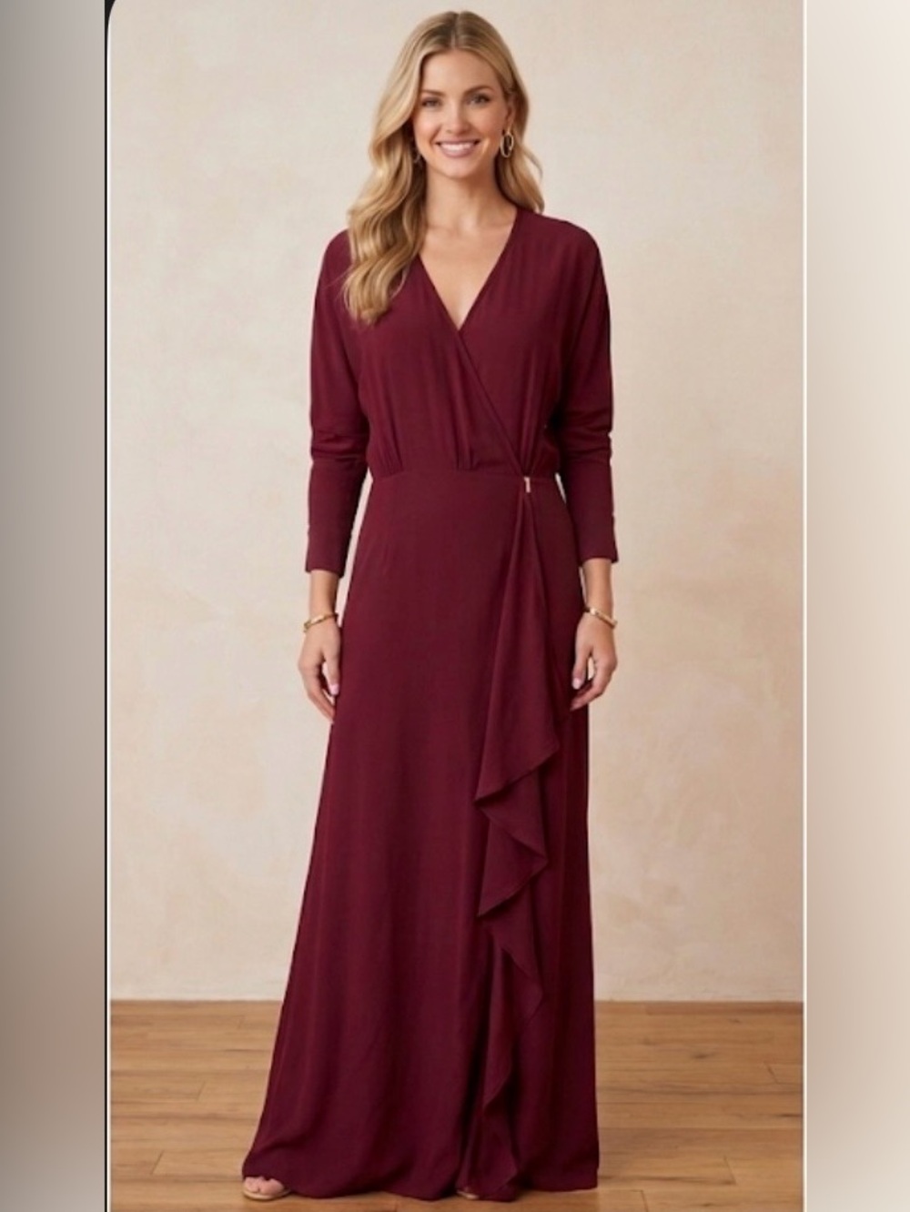 House of Dagmar  Burgundy Asymmetrical Silk Whimsical Wrap Maxi Dress